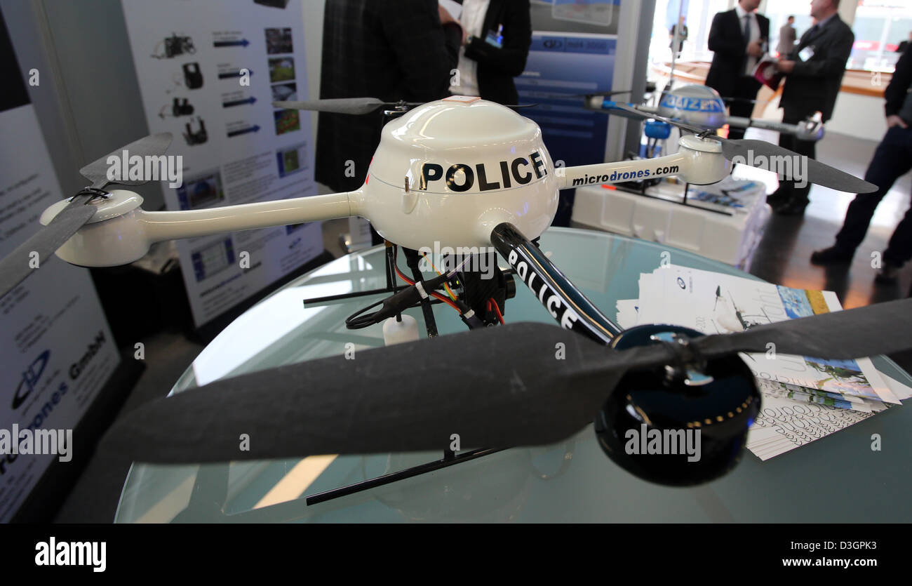 A micro drone of the type Typ MD 4-200 is exhibited at the 16th European Police Congress in Berlin, Germany, 19 February 2013. The Congress with the motto 'Schutz und Sicherheit im digitalen Raum' ('Protection and safety in the digital space') focuses on the role of the police in social networks, ePolice and equipment and ends on 20 February 2013. Photo: Wolfgang Kumm Stock Photo