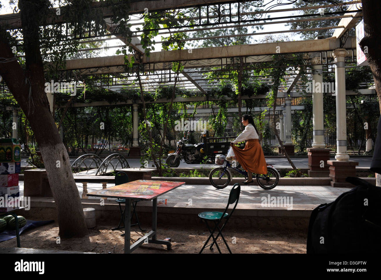 streets in turpan covered in green leaf ceiling to protect from the sun