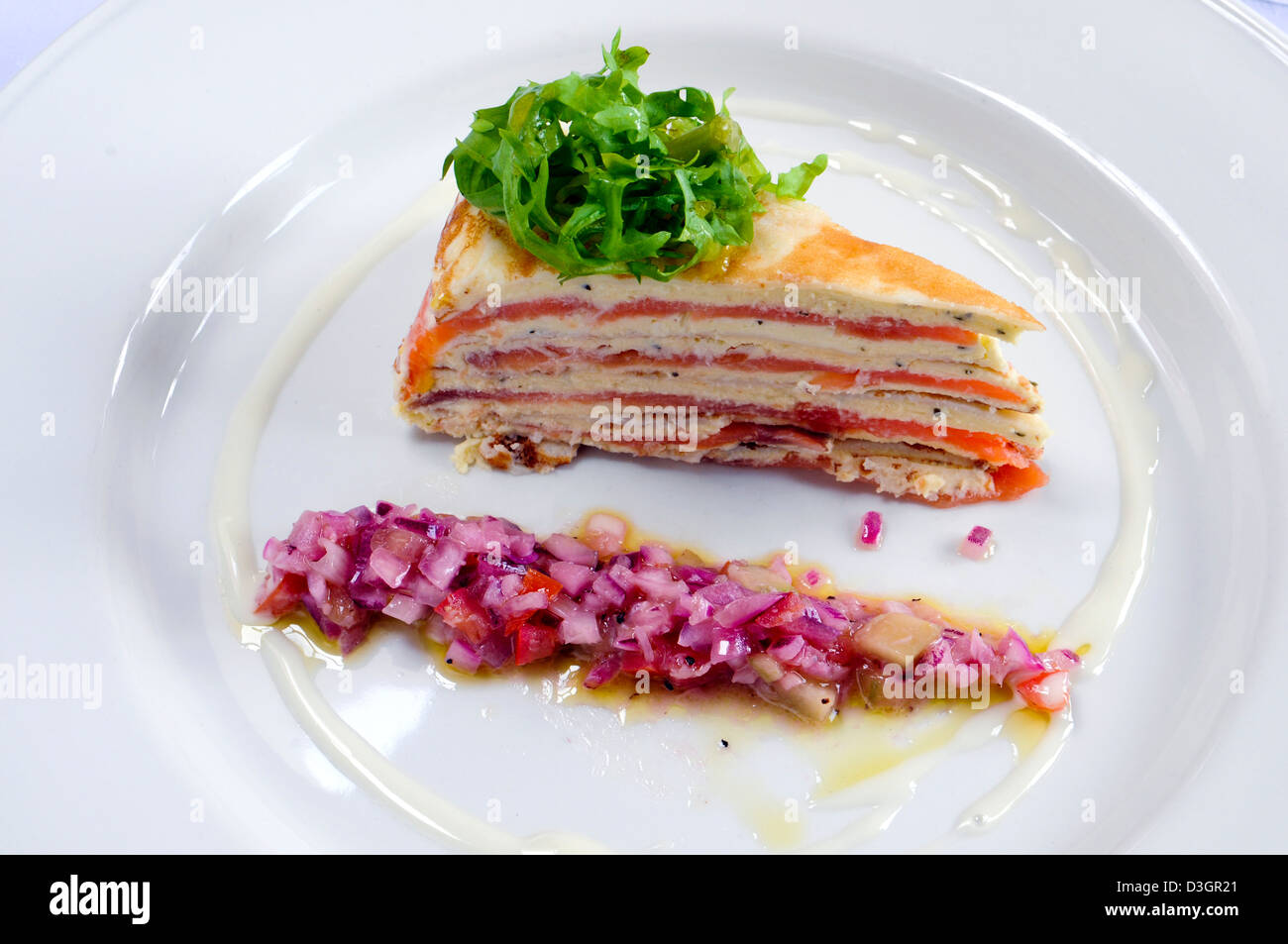 Smoked Salmon And Herb Cream Cheese Crepe Gateau With Tomato Cucumber And Horseradish Salsa At A Shropshire Restaurant Stock Photo Alamy