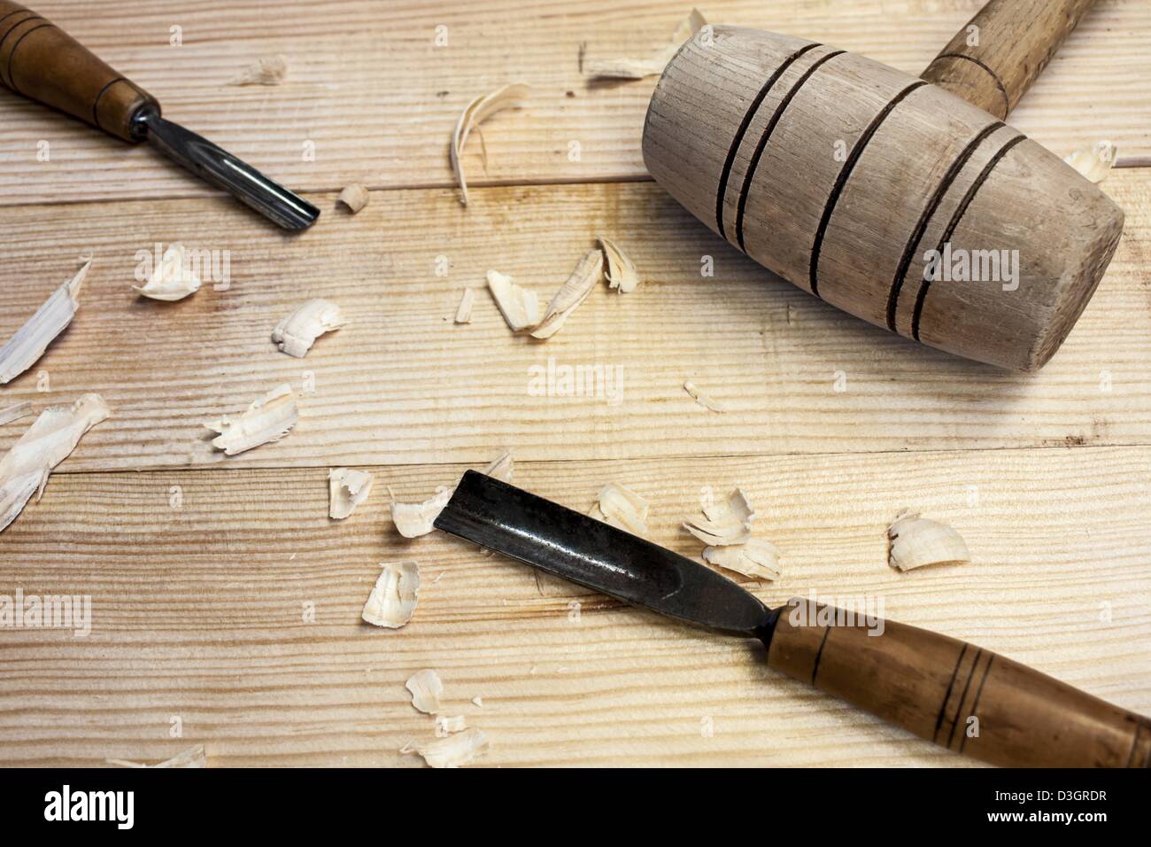 joiner tools,hammer and chisel on wood table background Stock Photo