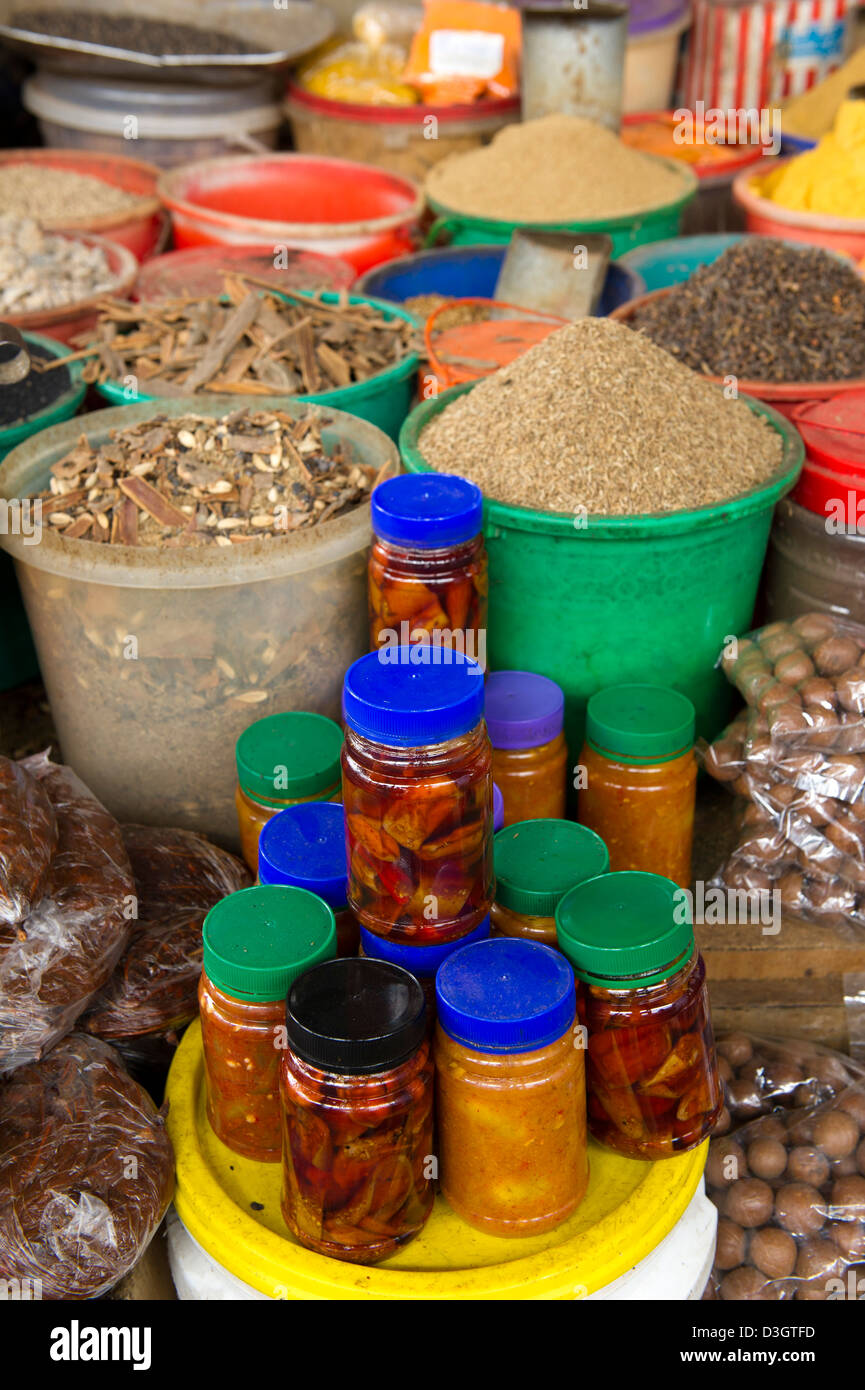 Spices for sale at MacKinnon Market, Old Town, Mombasa, Kenya Stock