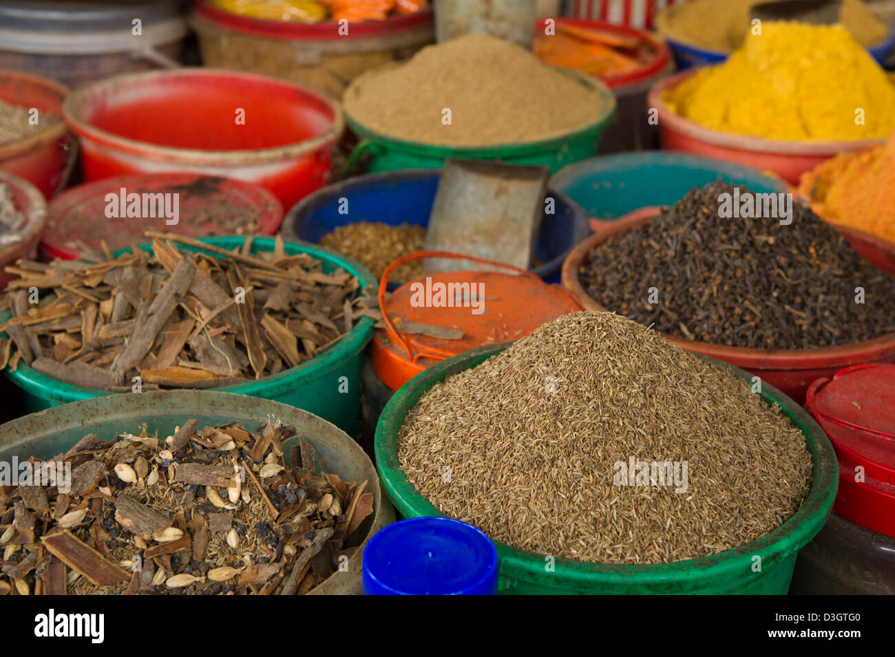 Spices for sale at MacKinnon Market, Old Town, Mombasa, Kenya Stock