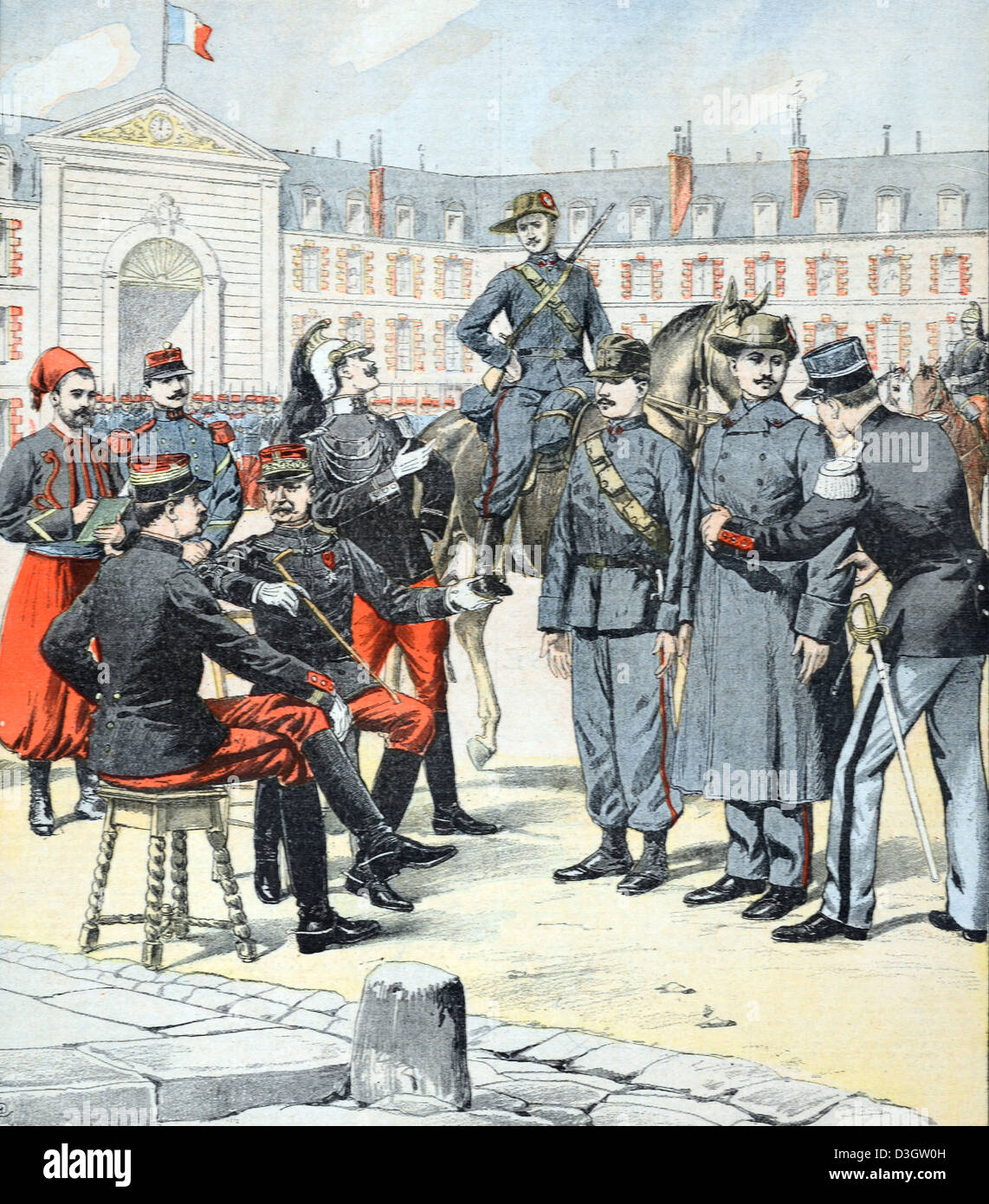 New French Uniforms for French Army or Soldiers being Presented in a Courtyard of the Hôtel des Invalides or Les Invalides Paris France (March 1903) Vintage or Old Illustration or Engraving 1903 Stock Photo