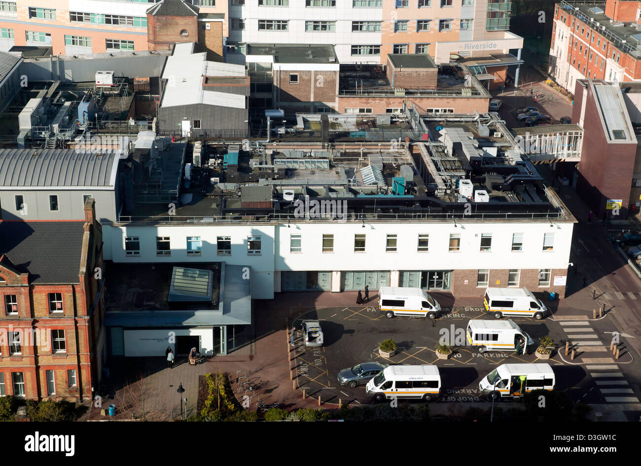 Aerial view of the A&E Department of Lewisham Hospital which contains