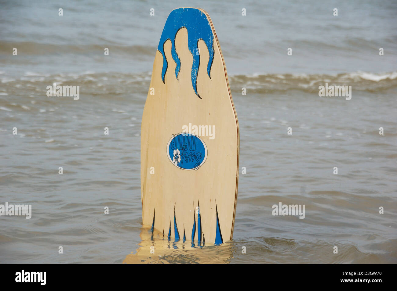 A Skimboard put upright in te waves along the beach. The board is