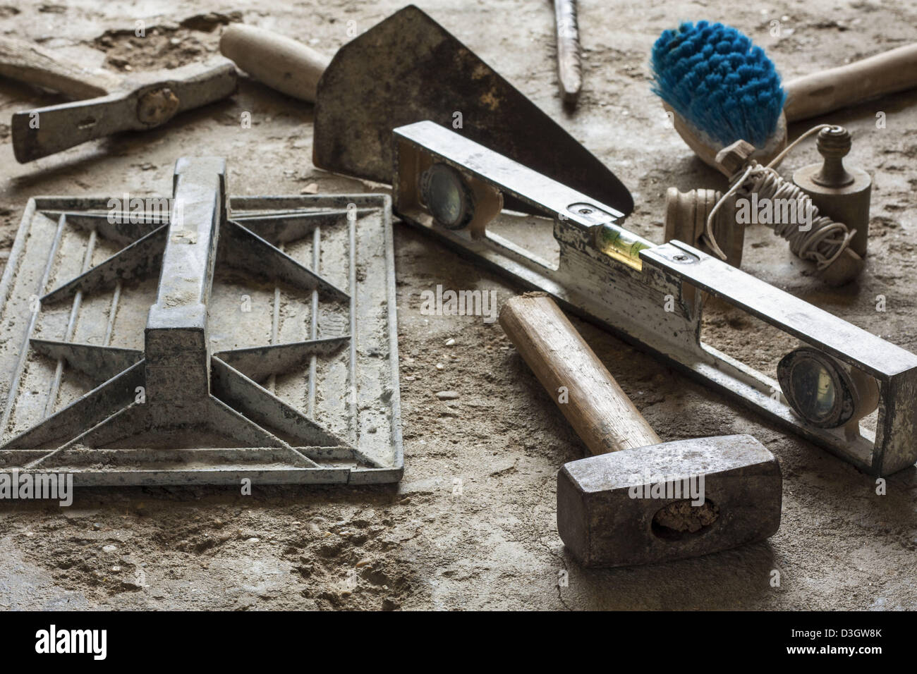 Construction masonry cement mortar tools Stock Photo - Alamy