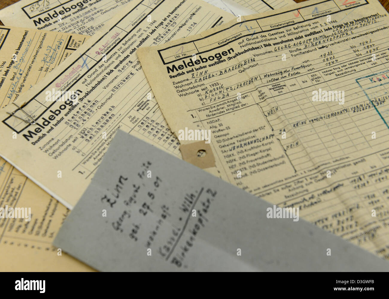 (ILLUSTRATION) An illustration dated 19 February 2013 shows the background forms (Meldebogen) in a depot of the Hessisches Hauptstaatsarchiv (Hesse State Archives) in Wiesbaden, Germany, 19 February 2013. The Parliament of Hesse has published a report from the historical commission about the Nazi pasts of previous parliamentarians in Hesse. According to the report, one in three parliamentarians in Hesse was a former Nazi in the 1960's. The report investigated the biographies of 403 representative, who were at least 18 years old in 1946. Photo: ARNE DEDERT Stock Photo