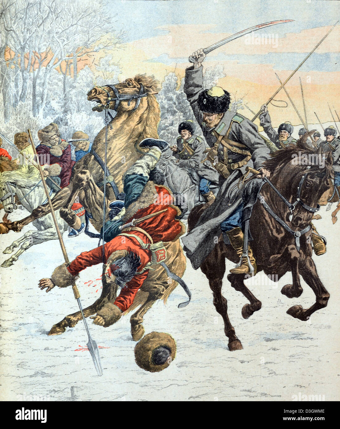 Cossacks Fighting Evenks in Siberia (April 1904). Cossacks used as Border Guards and Tax Collectors in Expanding Russian Empire. Vintage Illustration or Engraving Stock Photo
