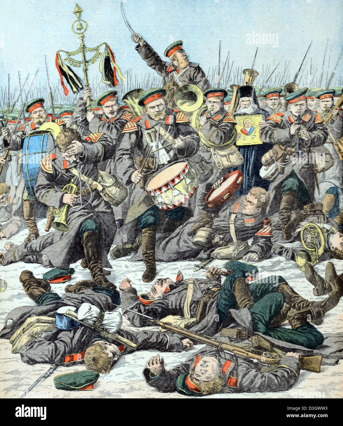 Battle of Yalu River (31 April-1 May 1904) Russo-Japanese War. Vintage Illustration or Engraving Stock Photo