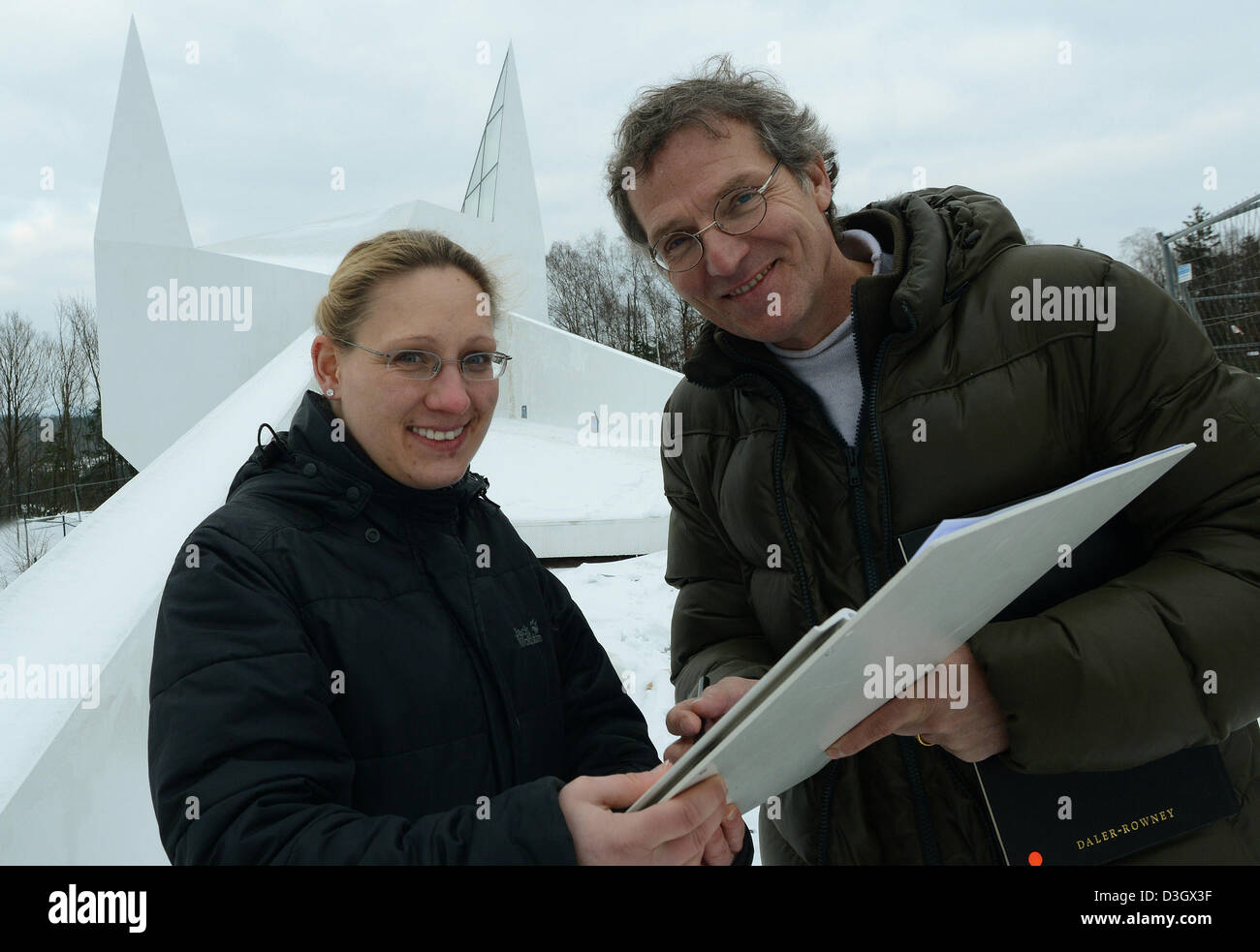 Construction manager Kerstin Hoegel and architect Michael Schumacher in front of the church. Germanys most modern iecumenic Autobahn church will soon be opened. It was build by famous Frankfurt architects Schneider and Schumacher. Stock Photo