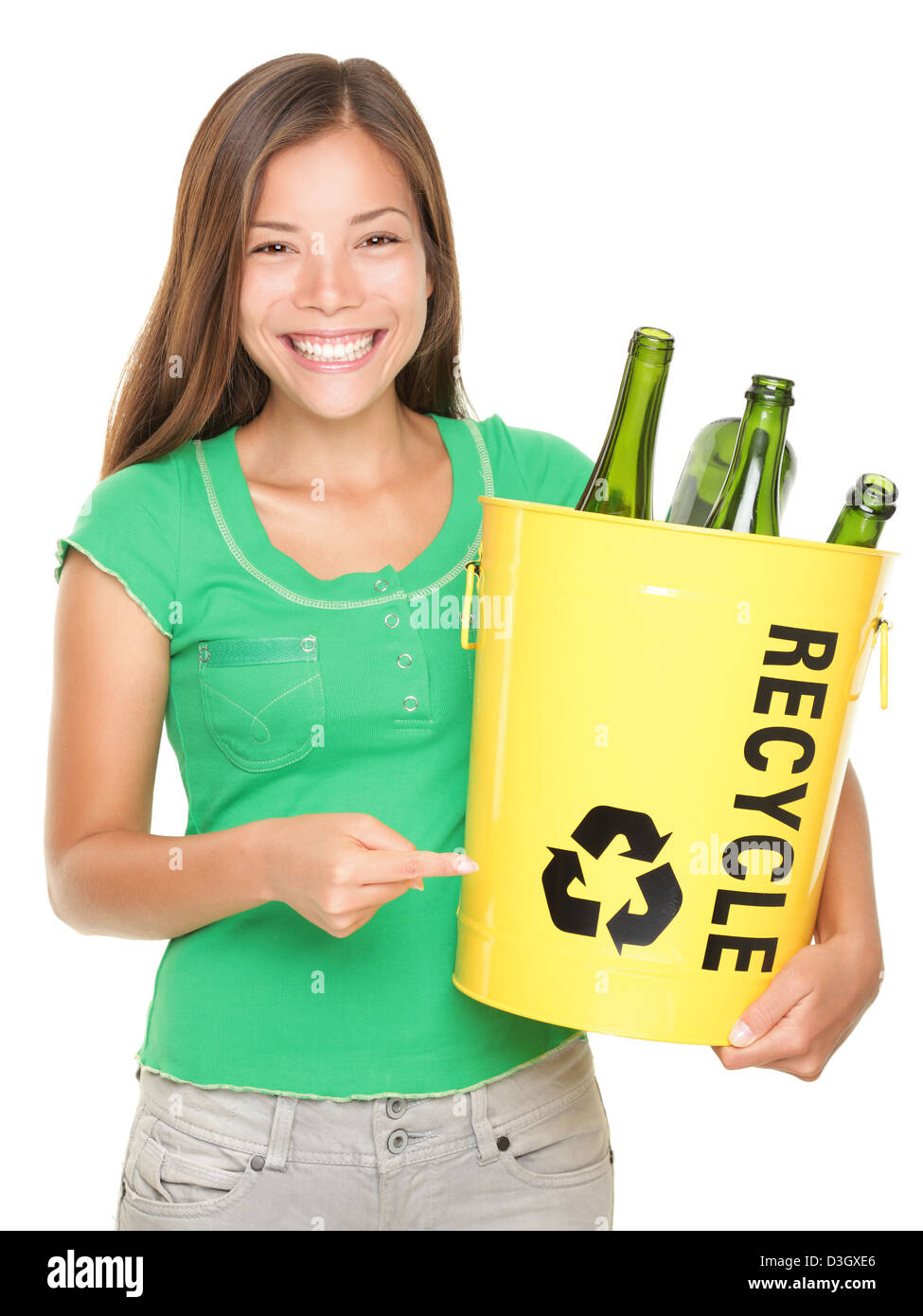 Recycle! Recycling woman pointing at recycle icon on bin with glass