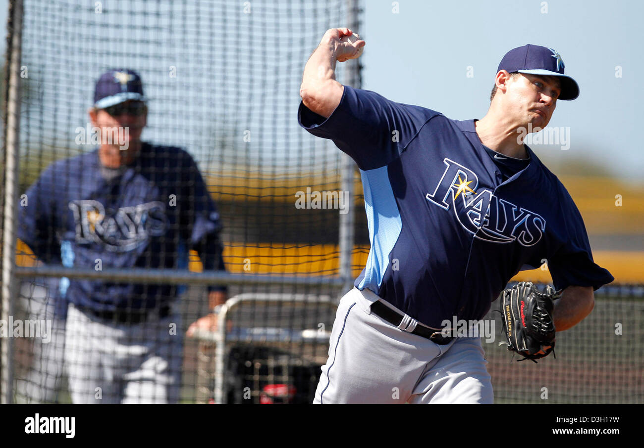 Feb. 19, 2013 - St. Petersburg, Florida, U.S. - JAMES BORCHUCK   |   Times .Jamey Wright throws live batting practice Tuesday morning at the Charlotte Sports Park in Port Charlotte, FL. (Credit Image: © James Borchuck/Tampa Bay Times/ZUMAPRESS.com) Stock Photo