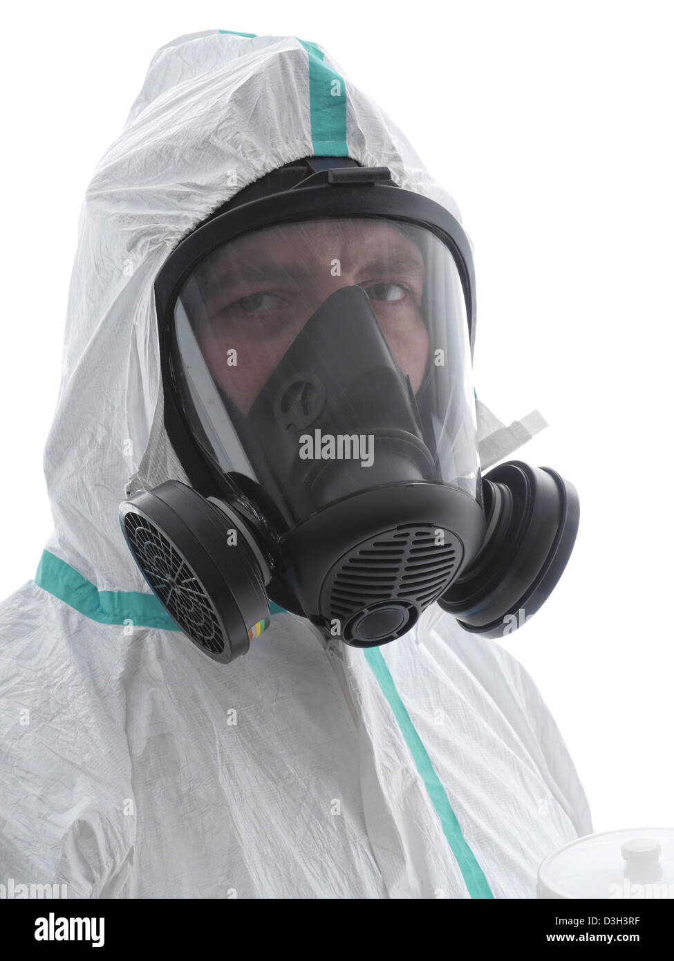 Closeup of spray painter wearing white coverall and respirator shot over white background Stock Photo