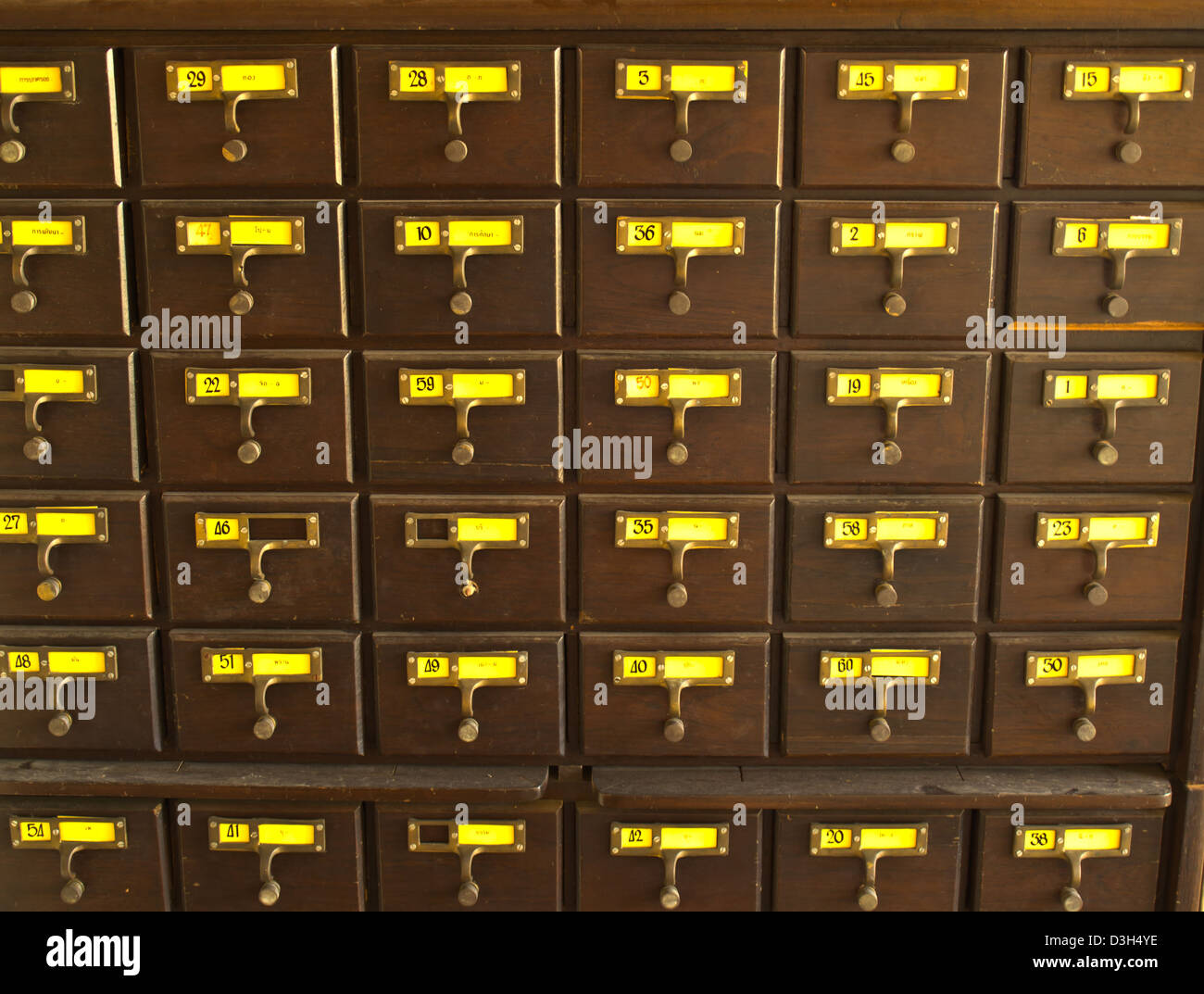 Old wooden card catalog in Thai library Stock Photo