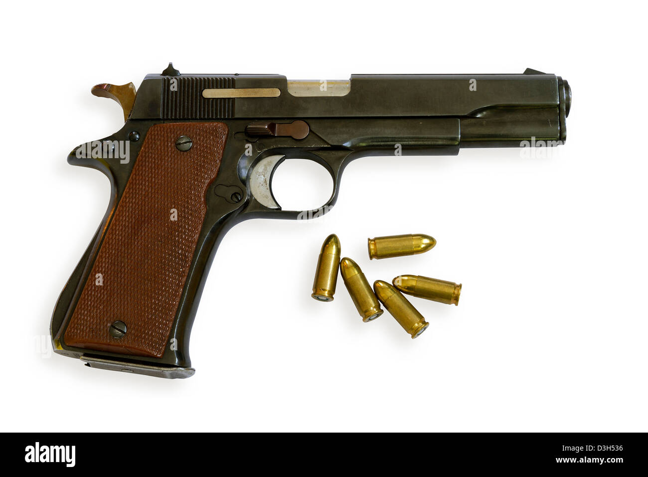 Legendary U.S. Army handgun Colt with bullets isolated on white background. Military model. Clipping path Stock Photo