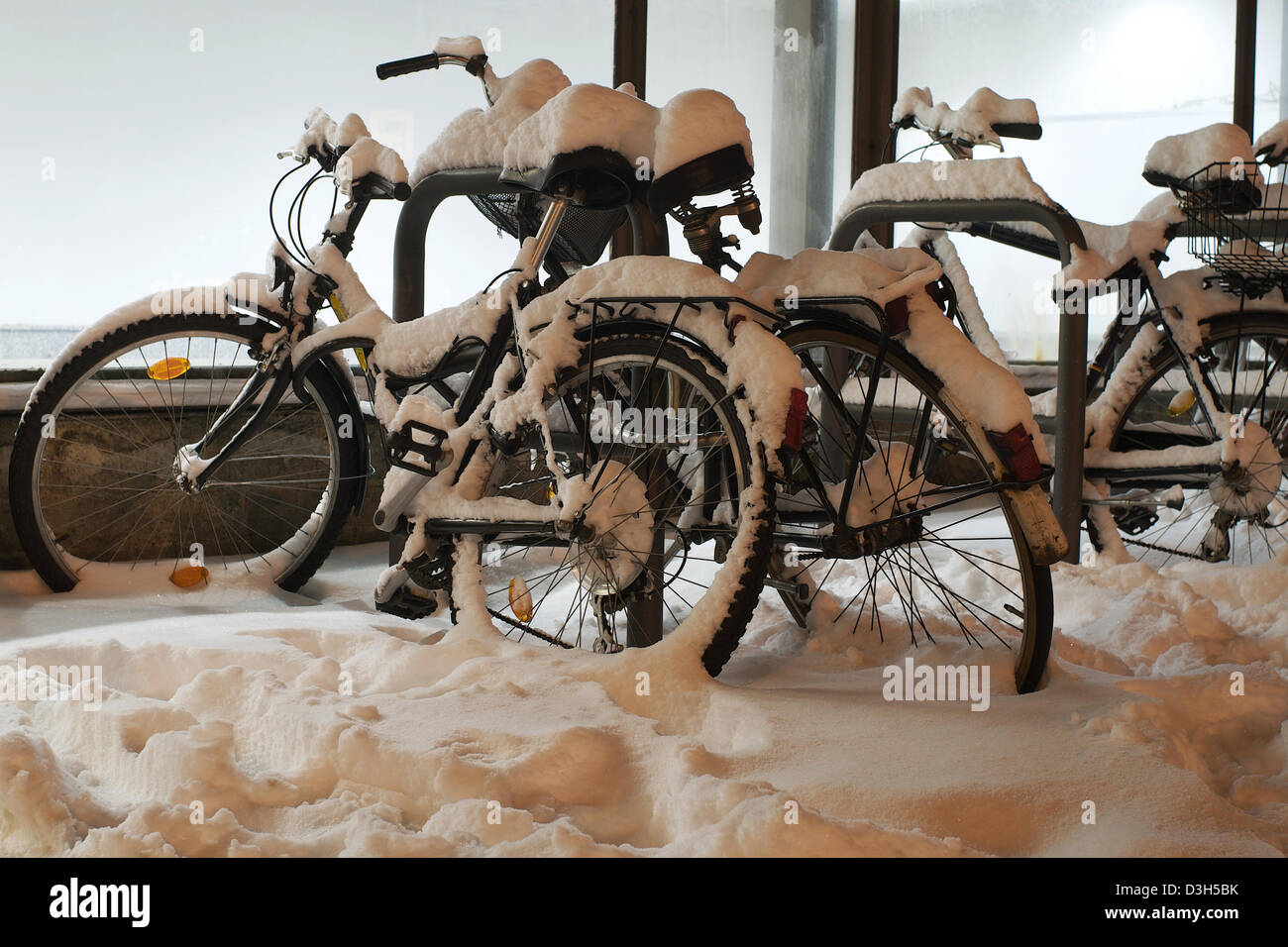 Berlin, Germany, from the snow-covered bicycles at the station Lichtenberg Stock Photo