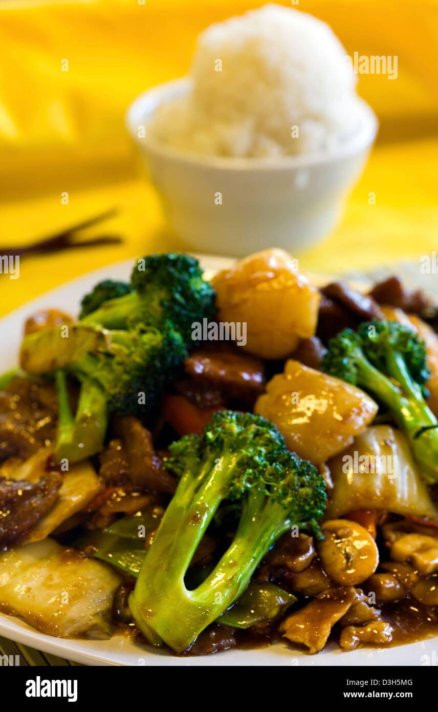 Beef with Scallops Chinese food. Stock Photo