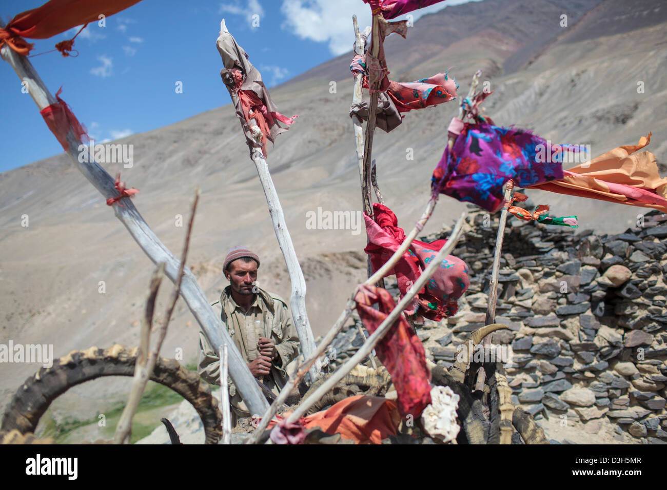 Prayer flags at the Kyrgyz mazar at Langar in the Wakhan Corridor, Badakhshan, Afghanistan Stock Photo