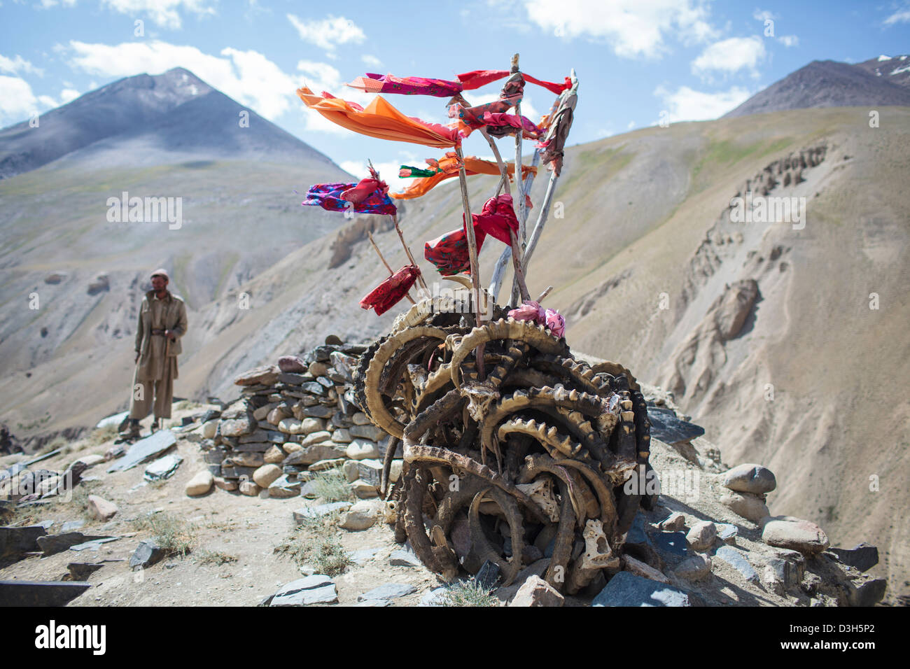Prayer flags at the Kyrgyz mazar at Langar in the Wakhan Corridor, Badakhshan, Afghanistan Stock Photo