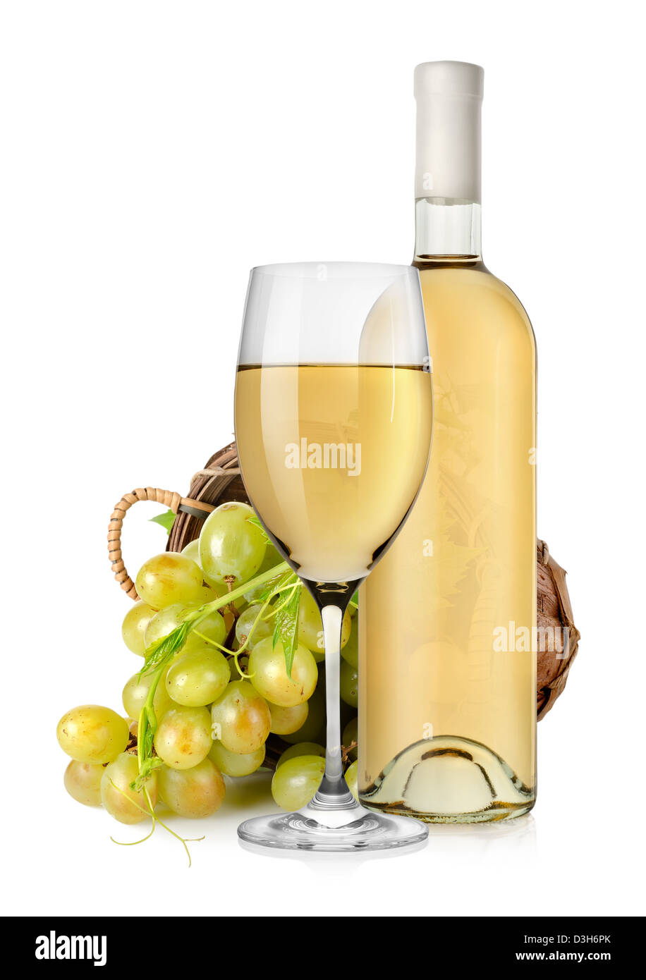 Wineglass and grapes in a wooden basket isolated Stock Photo