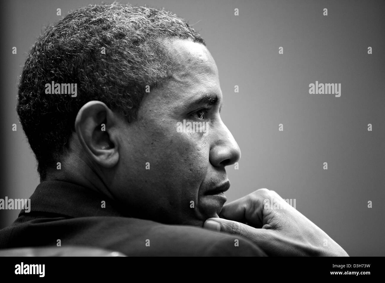 US President Barack Obama attends a meeting in the Roosevelt Room of the White House January 28, 2013 in Washington, DC. Stock Photo