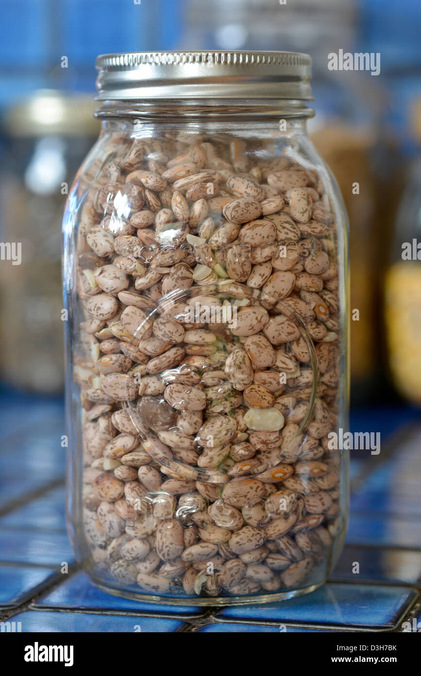 Jar of dried pinto beans on the kitchen counter of a house in Joseph