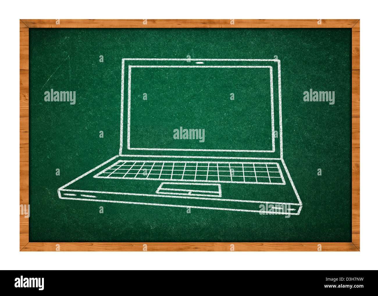 Simple drawing of laptop or notebook computer on a green school chalkboard. Stock Photo