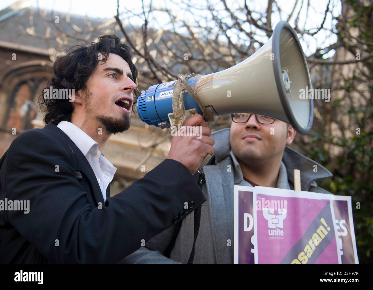 Cambridge University, UK. 19th Feb 2013. Marine Le Pen speaks at the  Cambridge Union society today attracting a student protest with many turning out to show their disapproval that the leader of France's far-right national party was given the platform to speak at the debate. Stock Photo