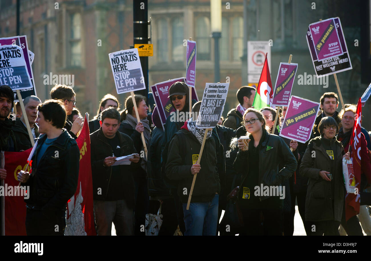 Cambridge University, UK. 19th Feb 2013. Marine Le Pen speaks at the  Cambridge Union society today attracting a student protest with many turning out to show their disaprovel that the leader of France's far-right national party was given the platform to speak at the debate. Stock Photo