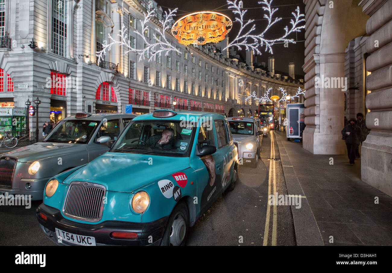 London, Taxi, Christmas, Regent Street, Night Stock Photo