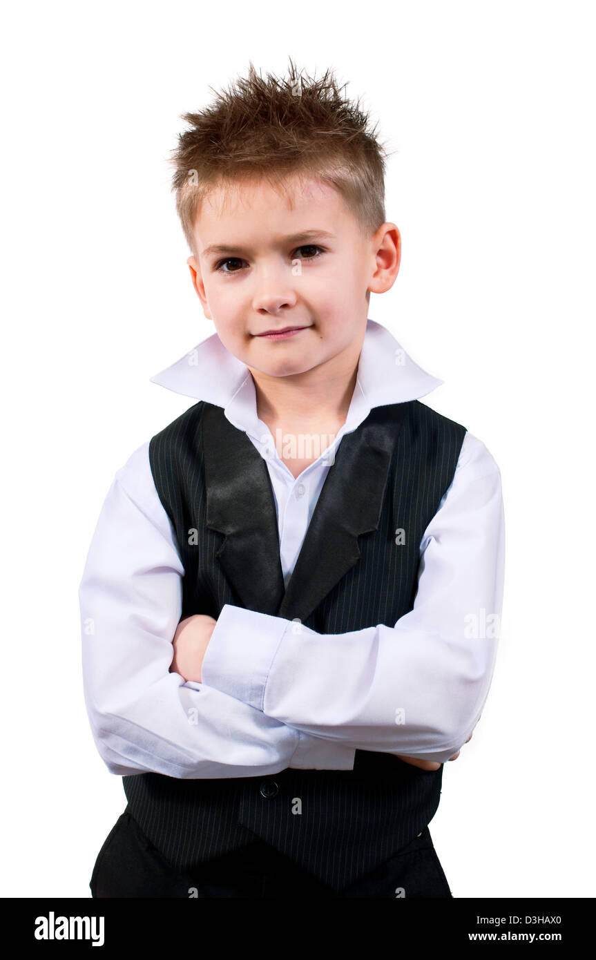 Cool little boy in a waistcoat isolated on white background Stock Photo ...