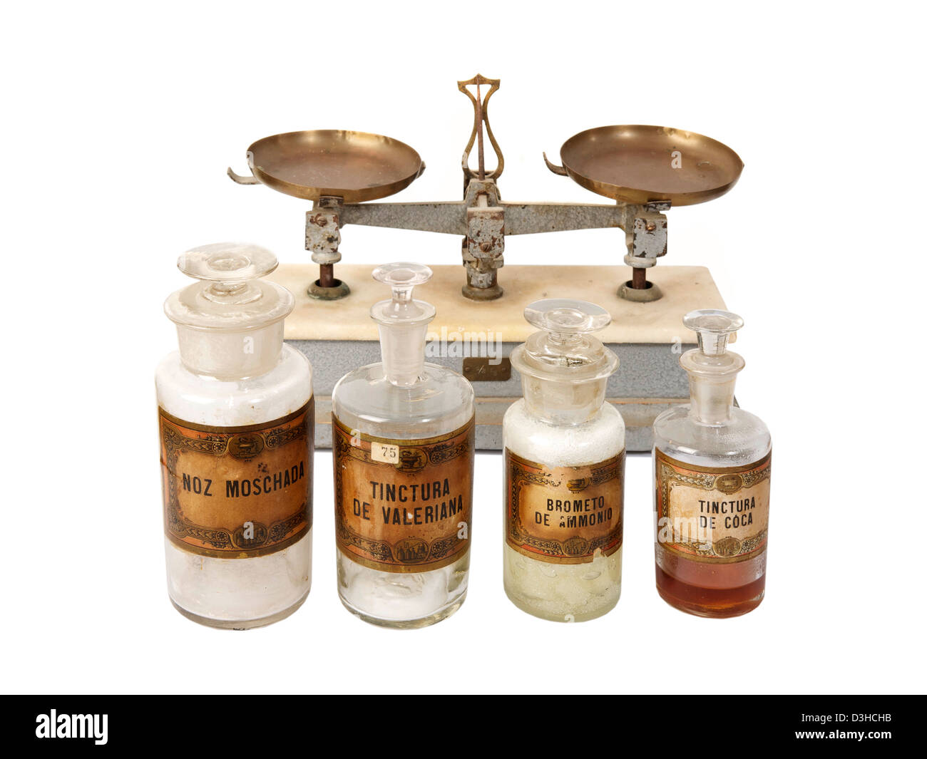 This are true pharmaceutical objects and medicinal drugs used before and after 1900´s year. Stock Photo