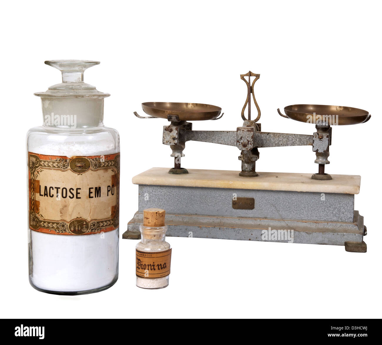 This are true pharmaceutical objects and medicinal drugs used before and after 1900´s year. Stock Photo