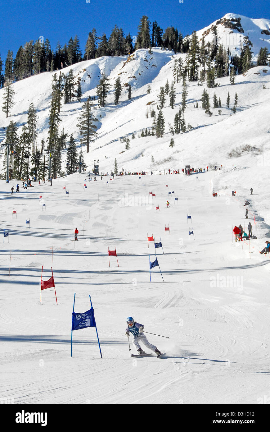 Giant slalom race course in Alpine Meadows Ski Resort in North Lake Tahoe in the California Sierras Stock Photo