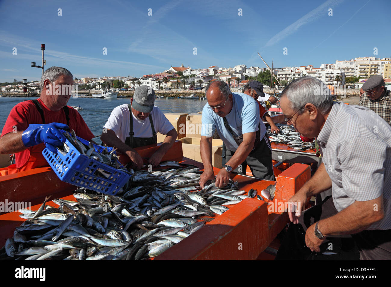 Fishermen at the fish market in Lagos, Algarve, Portugal Stock Photo