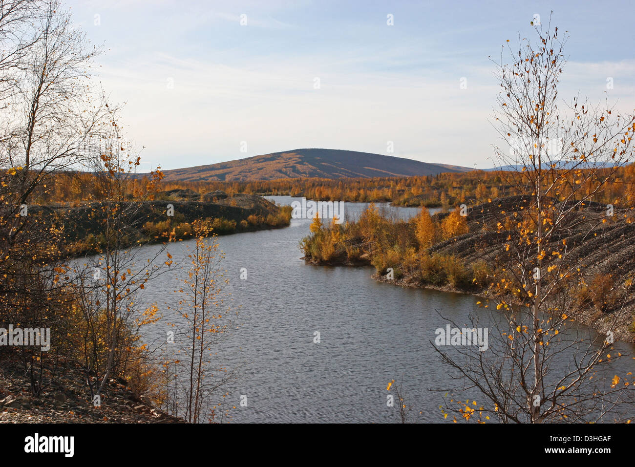 old gold dredge Fairbanks Alaska river creek gold mining Stock Photo