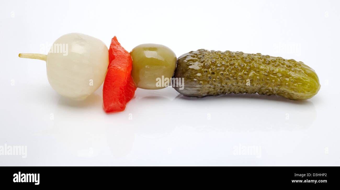 Gherkins pickled onions olives and red pepper Stock Photo