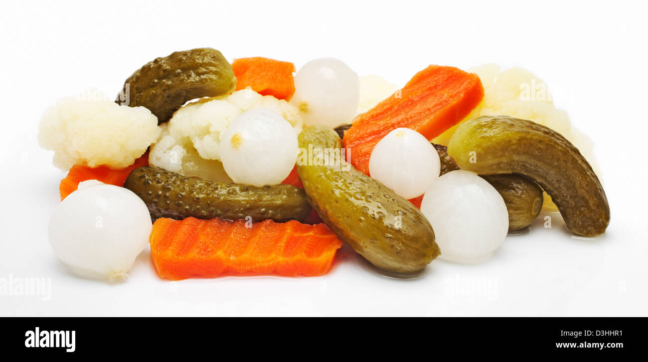 Gherkins pickled onions olives and carrot Stock Photo