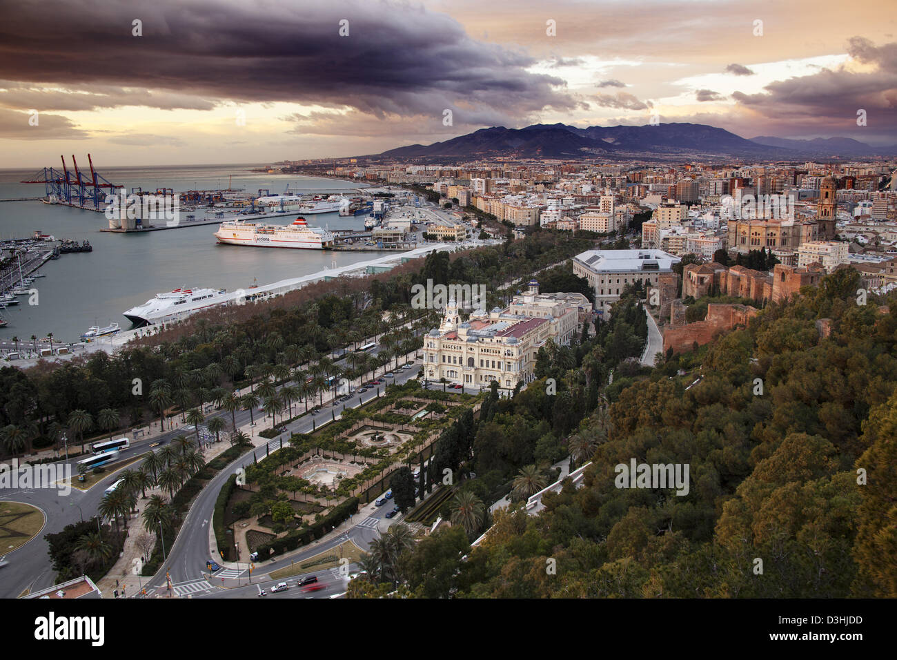Malaga Port and city at sunrise Andalusia Spian Stock Photo