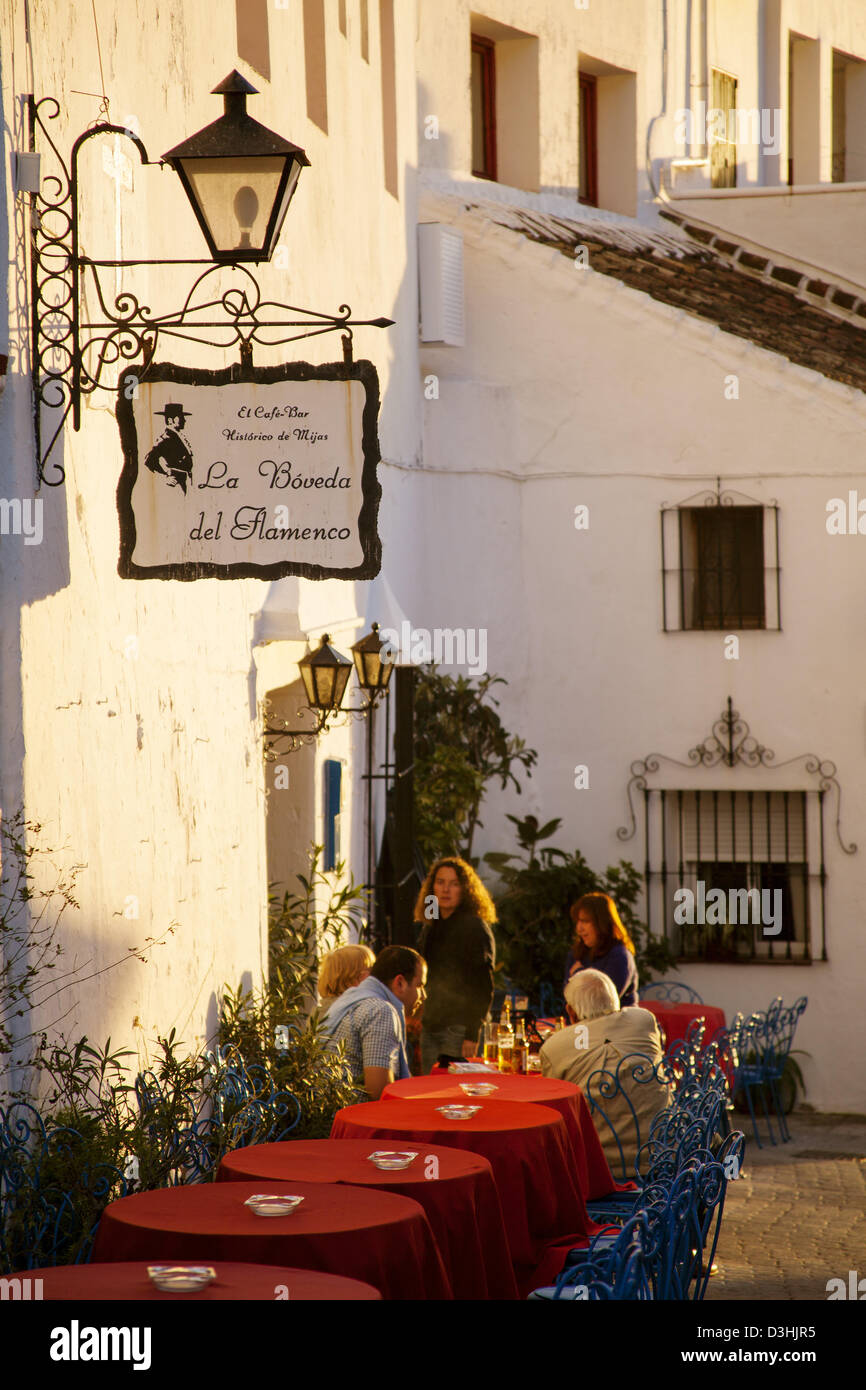 Flamenco restaurant white village Mijas Malaga Andalusia Spain Stock Photo