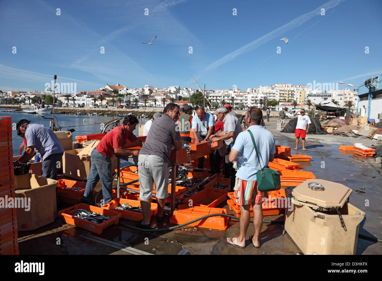 Fishermen at the fish market in Lagos, Algarve, Portugal Stock Photo