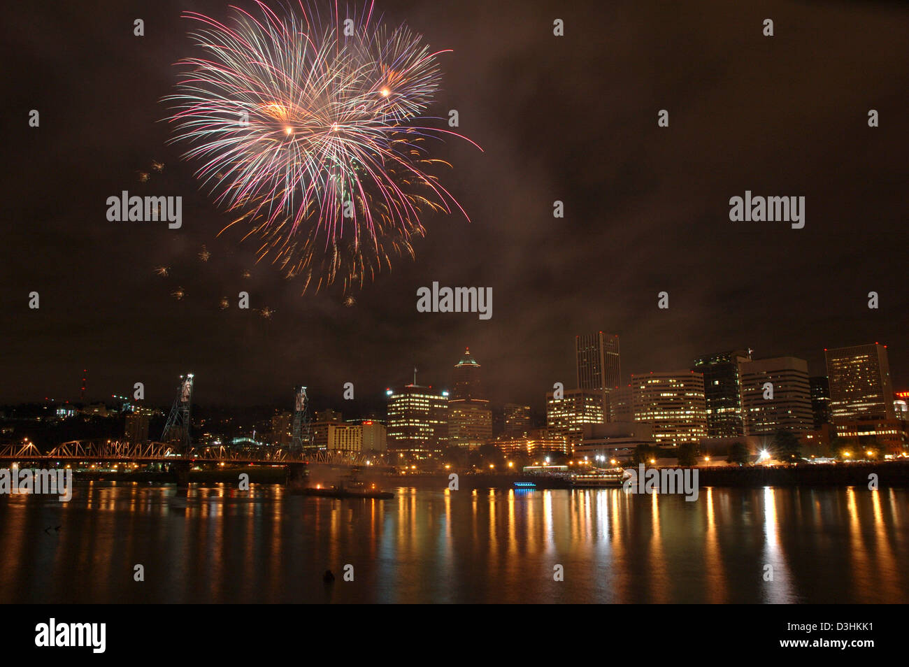Rose Festival fireworks from Eastside Esplanade, Portland, Oregon Stock