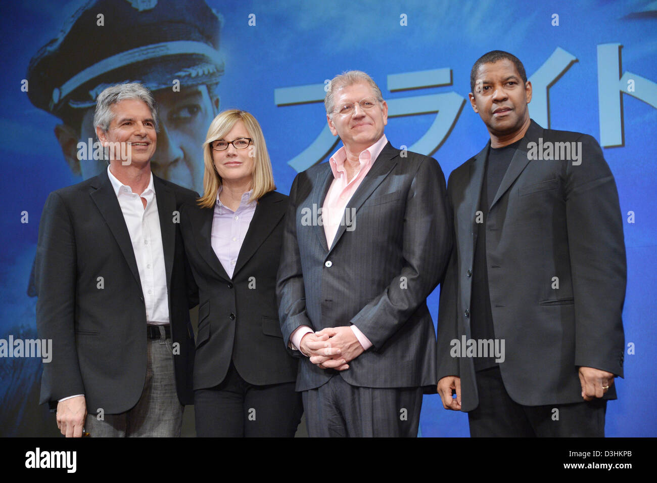 Tokyo, Japan. Feb 20, 2013. Walter F. Parkes, Laurie MacDonald, Robert Zemeckis and Denzel WashingtonOscar-nominee Denzel Washington, right, and director Robert Zemeckis appear before Japanese fans in Tokyo on Wednesday, February 20, 2013. The American screen star and the film director were in town to promote their latest film 'Flight,' for which Washington was nominated for Best Actor. Others are, Producers Walter F. Parkes, left, and Laurie MacDonald. Photo by Natsuki Sakai/AFLO/Alamy Live News Stock Photo