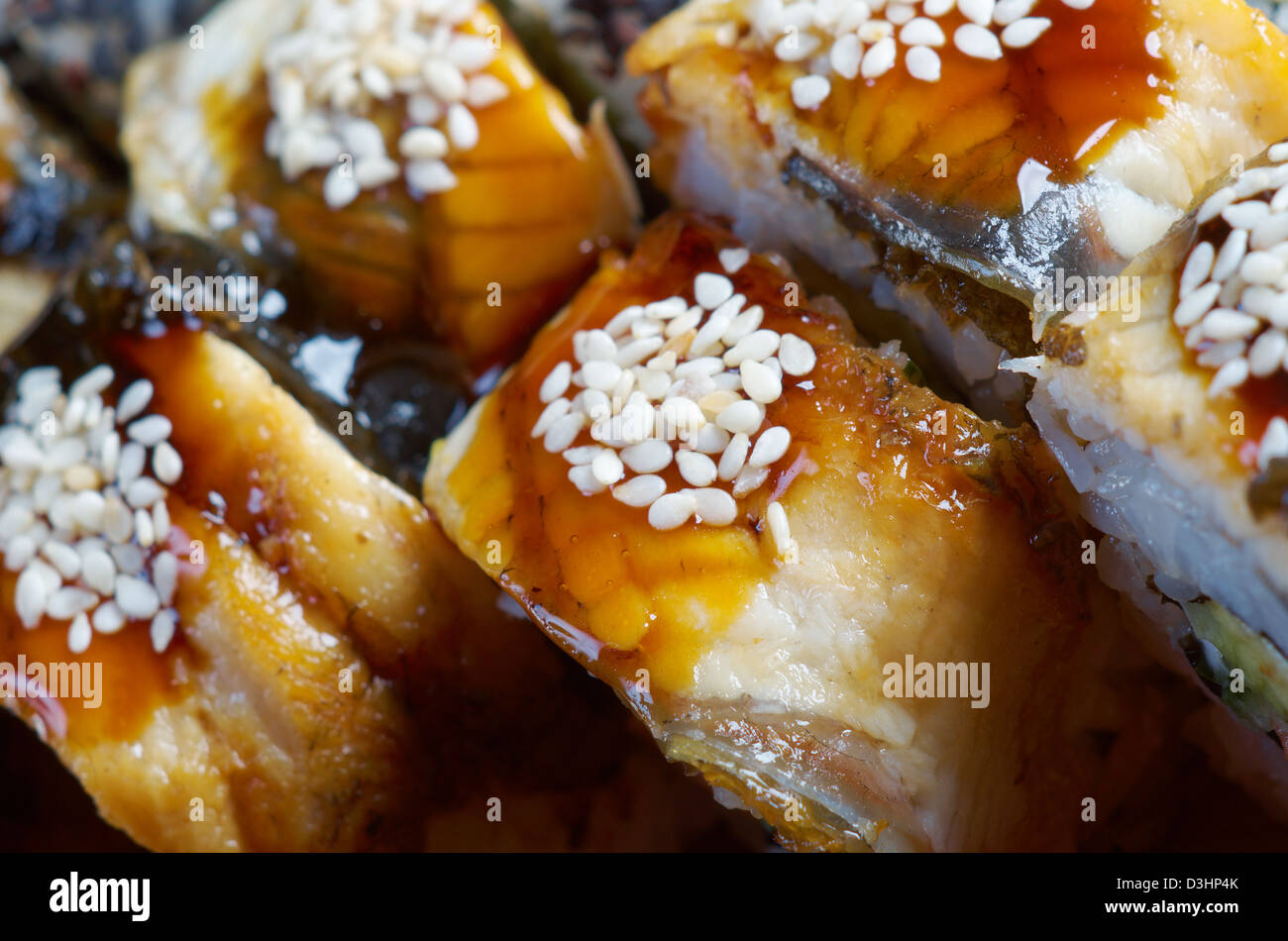 Japanese sushi maki . traditional japanese food.Roll made of Smoked eel Stock Photo