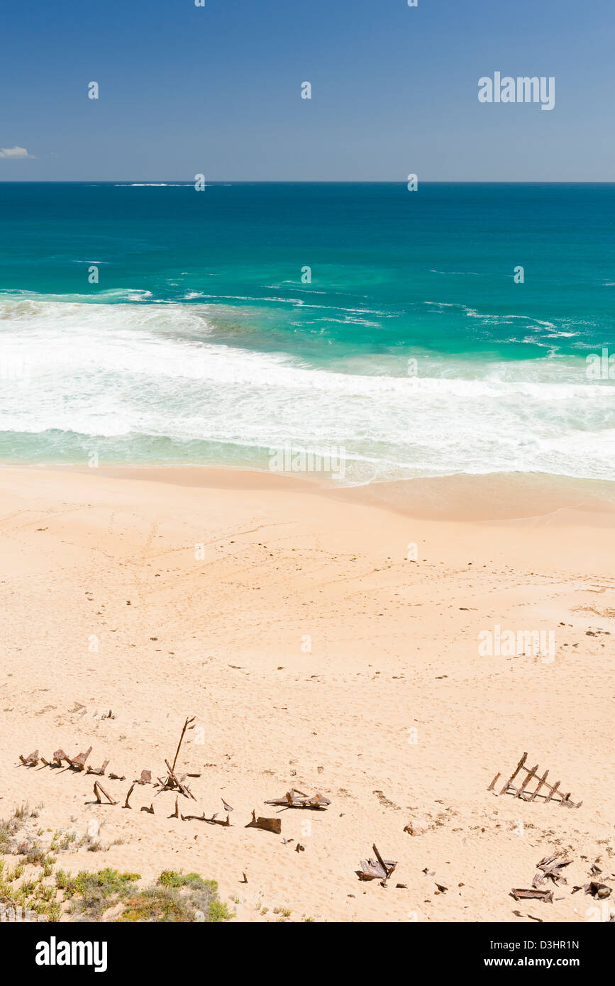 Remains of a shipwreck on the sand of Ethel Beach, South Australia Stock Photo
