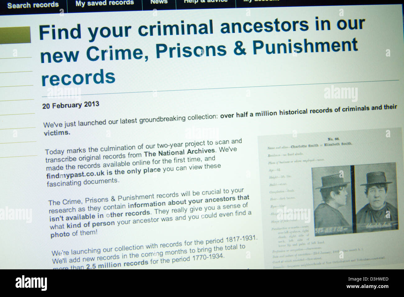 London UK. 20th February 2013. Elizabeth Smith (pictured) was convicted in 1903 for being a habitual drunkard and sentenced to One month hard labour. Old criminal records dating from 1770-1934 are to be published on line for the first time at www.findmypast.co.uk. Credit: Amer Ghazzal/Alamy Live News Stock Photo