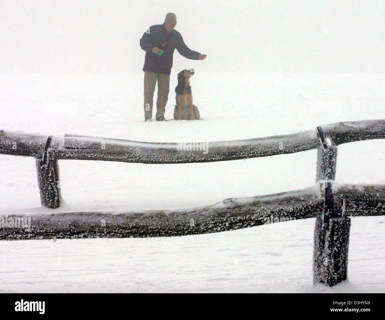 (dpa) - A man plays with his dog in a fog and snow covered landscape on ...