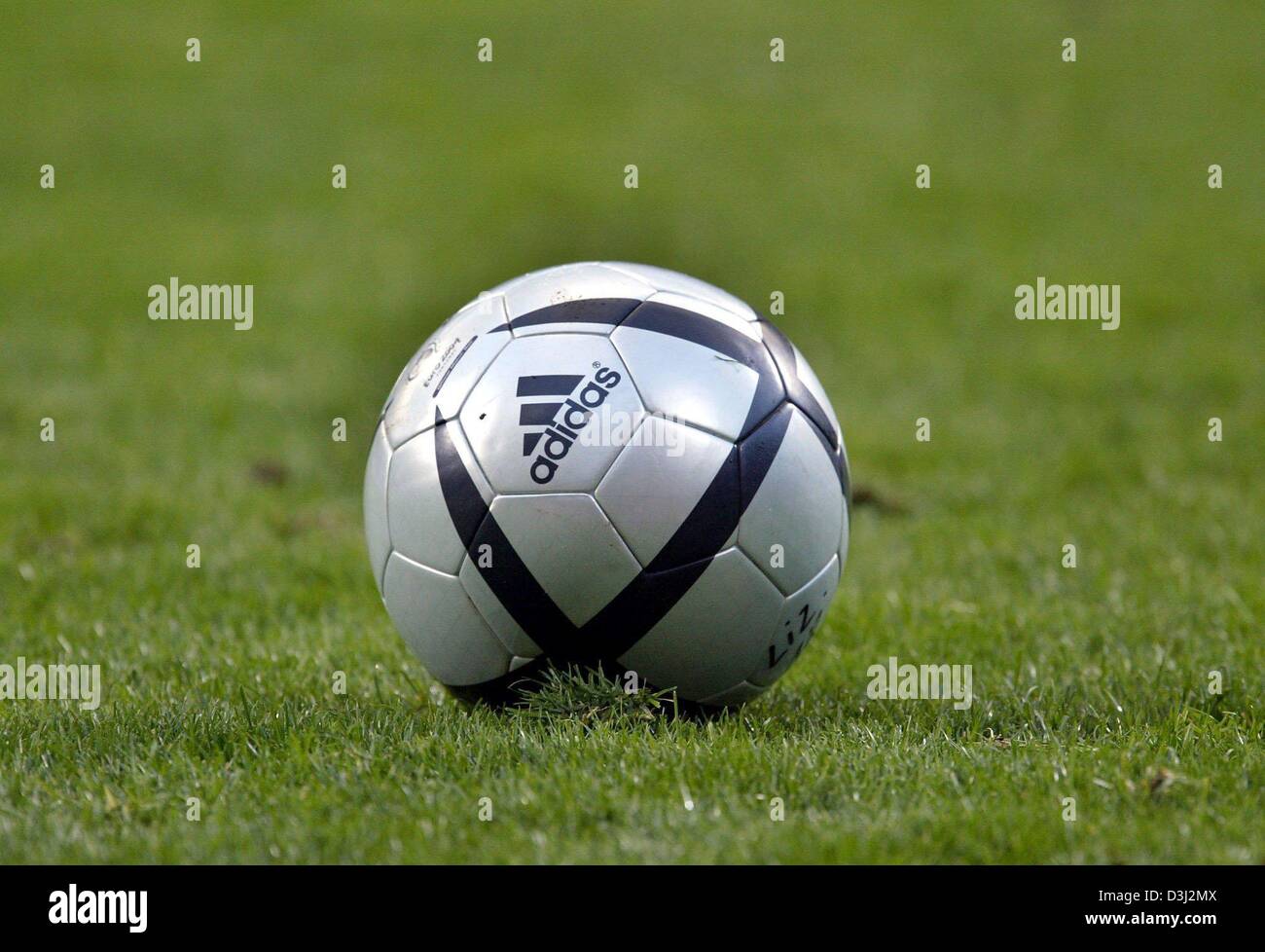 The new Roteiro football developed by adidas sports company for the  upcoming Euro 2004 European Soccer Championship in Portugal, lies on the  lawn 7 February 2004 at the Leverkusen BayArena. The ball