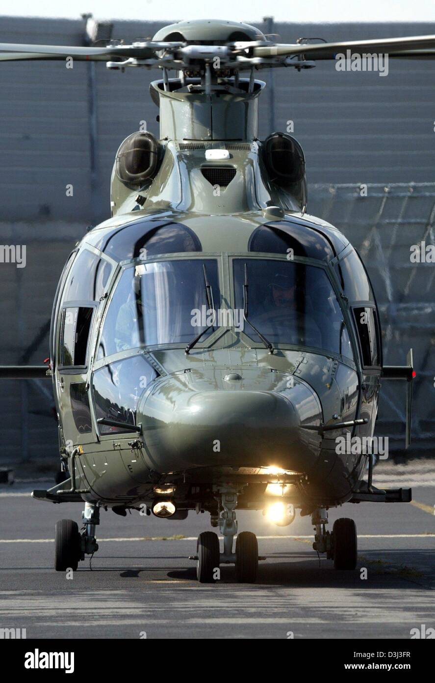 (dpa) - One of the two new high-tech helicopters type EC 155 of the police in the state of North Rhine Westphalia, stands on the airfield of the airport in Dortmund, Germany, 3 September 2003. Stock Photo