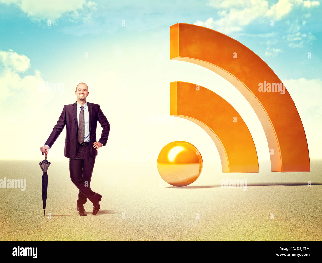 smiling businessman and 3d huge rss logo Stock Photo